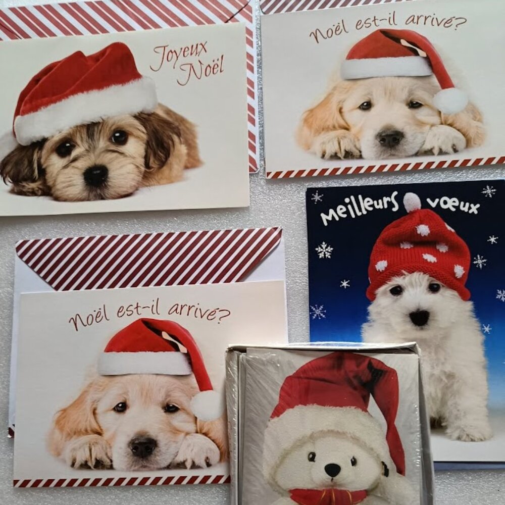 🍀4/$19🍀🐶8 Dogs Puppy Christmas Greeting French cards + matching envelopes